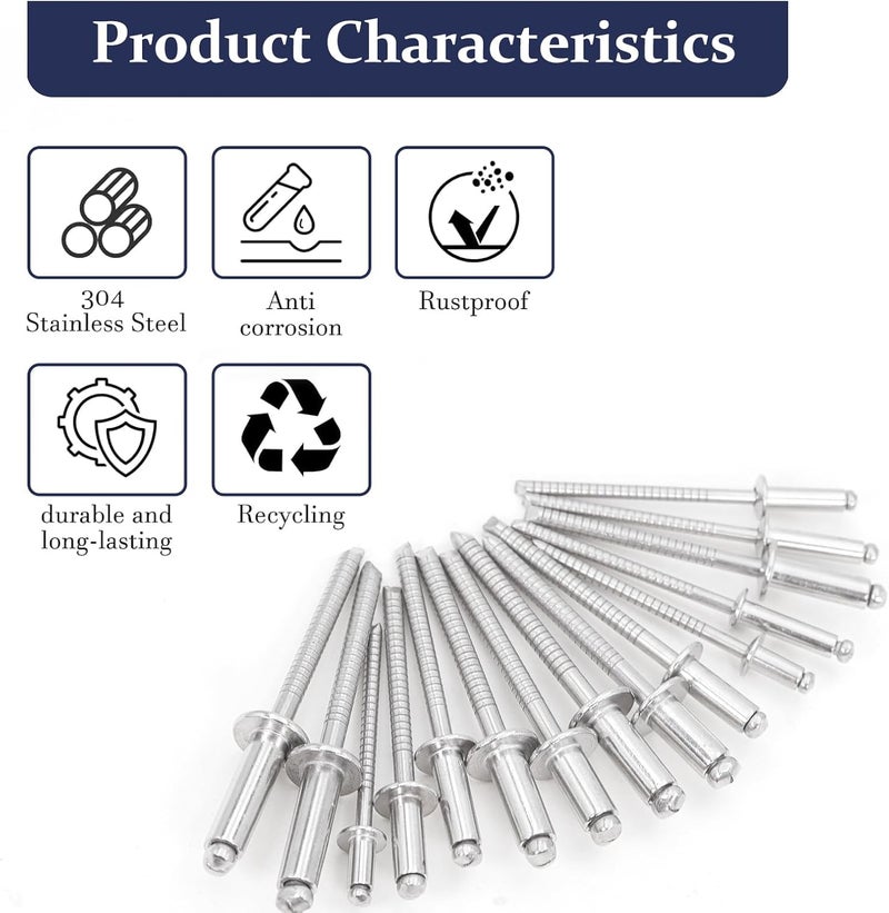 ZQZ 680Pcs Stainless Steel Pop Rivets, 8 Sizes Stainless Rivets with 1/8" 5/32" 3/16" Blind Rivets and Washers Assortment Kit - Image 4